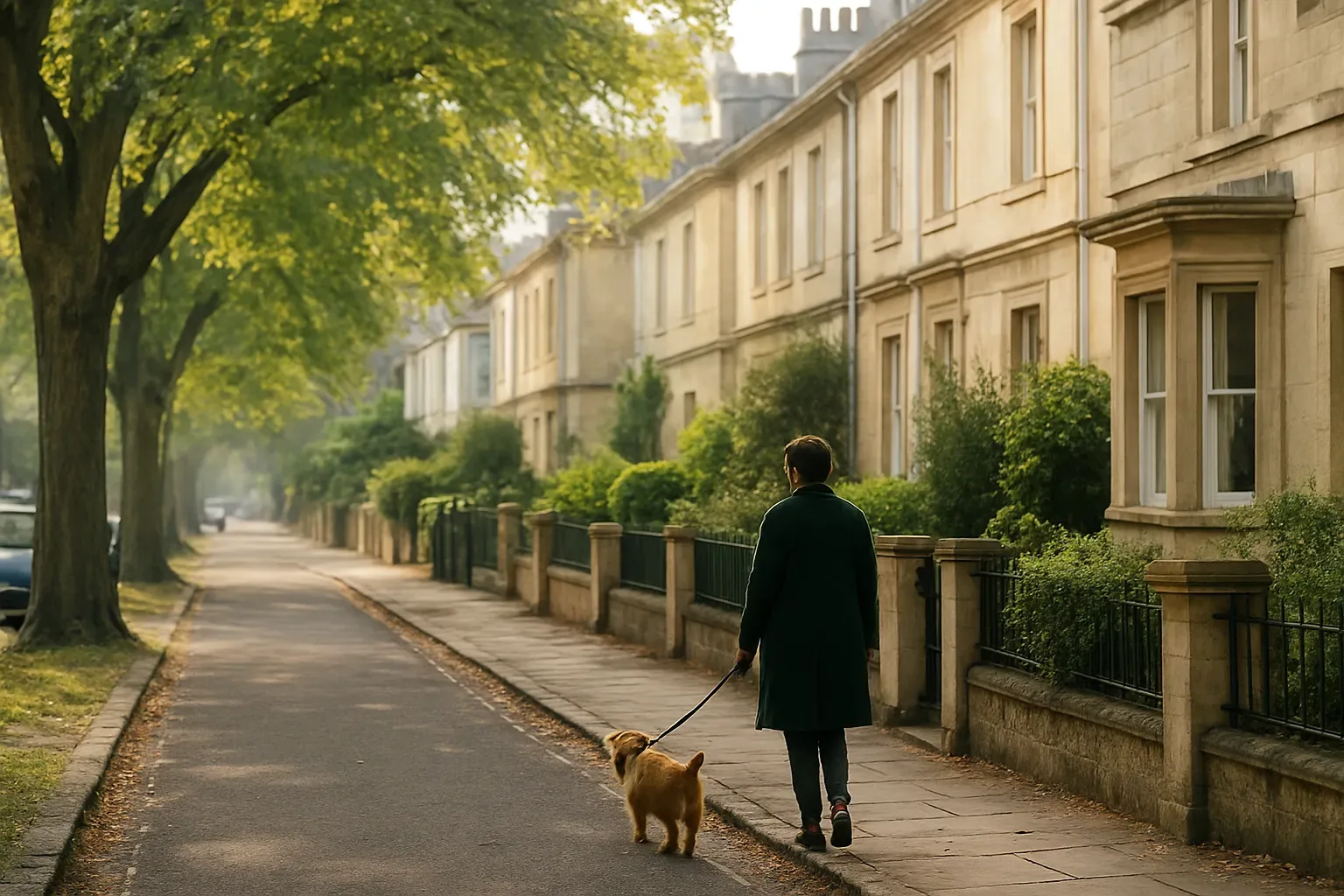 A dog walker and a dog on a leafy South London street